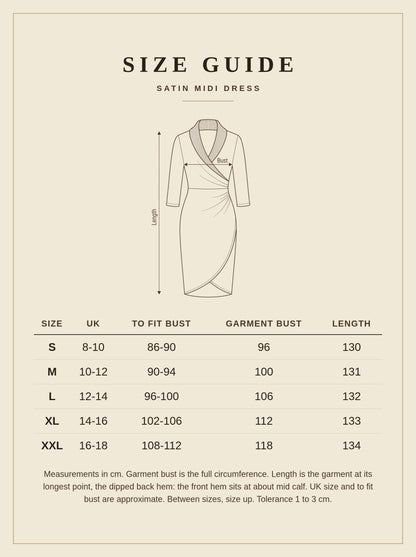 Size guide for the satin midi dress, UK 8 to 18 with bust and length measurements in cm