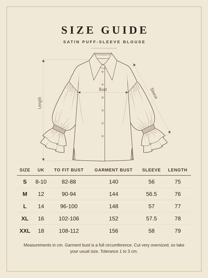 Size guide, satin puff sleeve blouse, UK 8 to 18