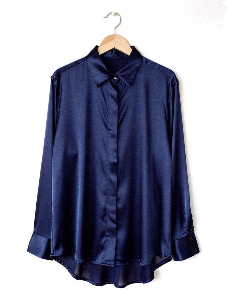 Oxford Blue satin shirt with a concealed placket, front view on a hanger