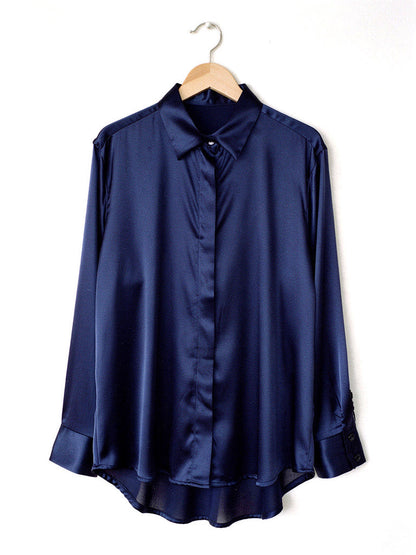 Oxford Blue satin shirt with a concealed placket, front view on a hanger