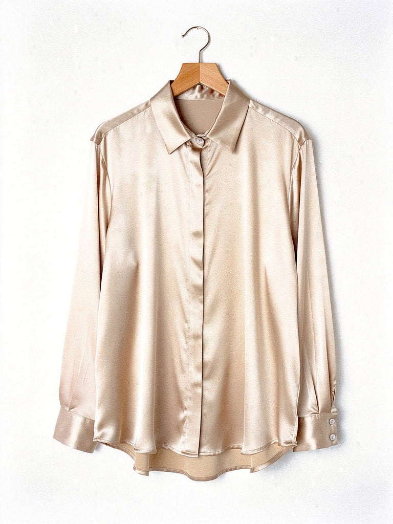 Oyster satin shirt with a concealed placket, front view on a hanger