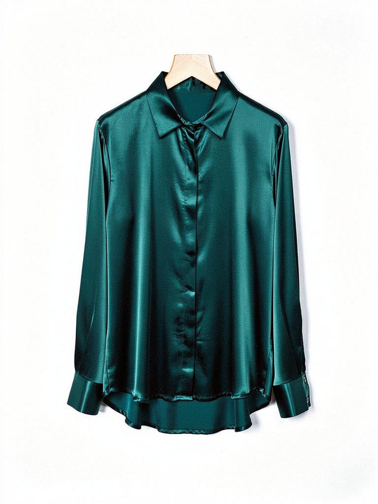 Peacock teal satin shirt with a concealed placket, front view on a hanger