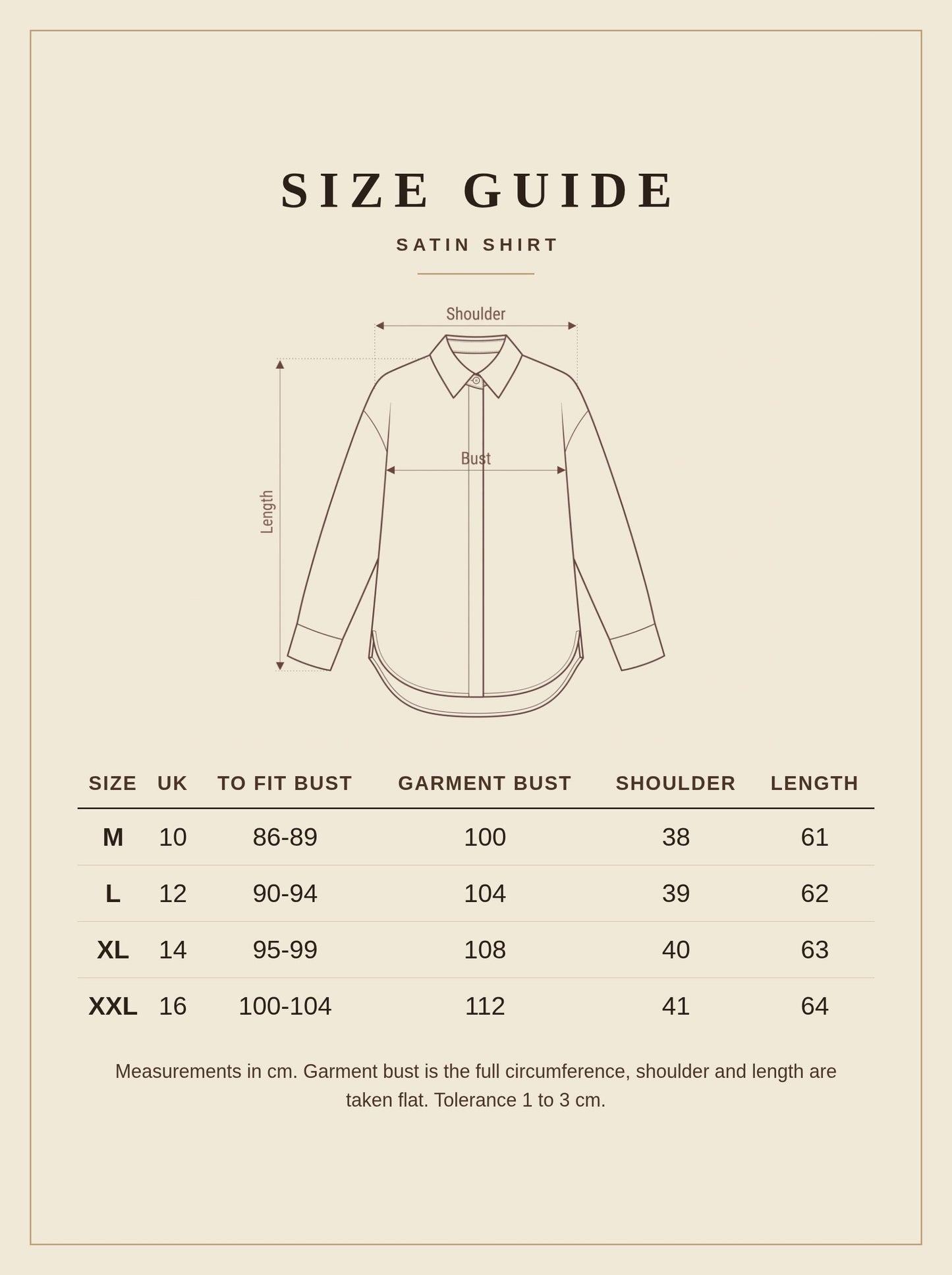Satin shirt size guide, UK sizes 10 to 16 with measurements in centimetres