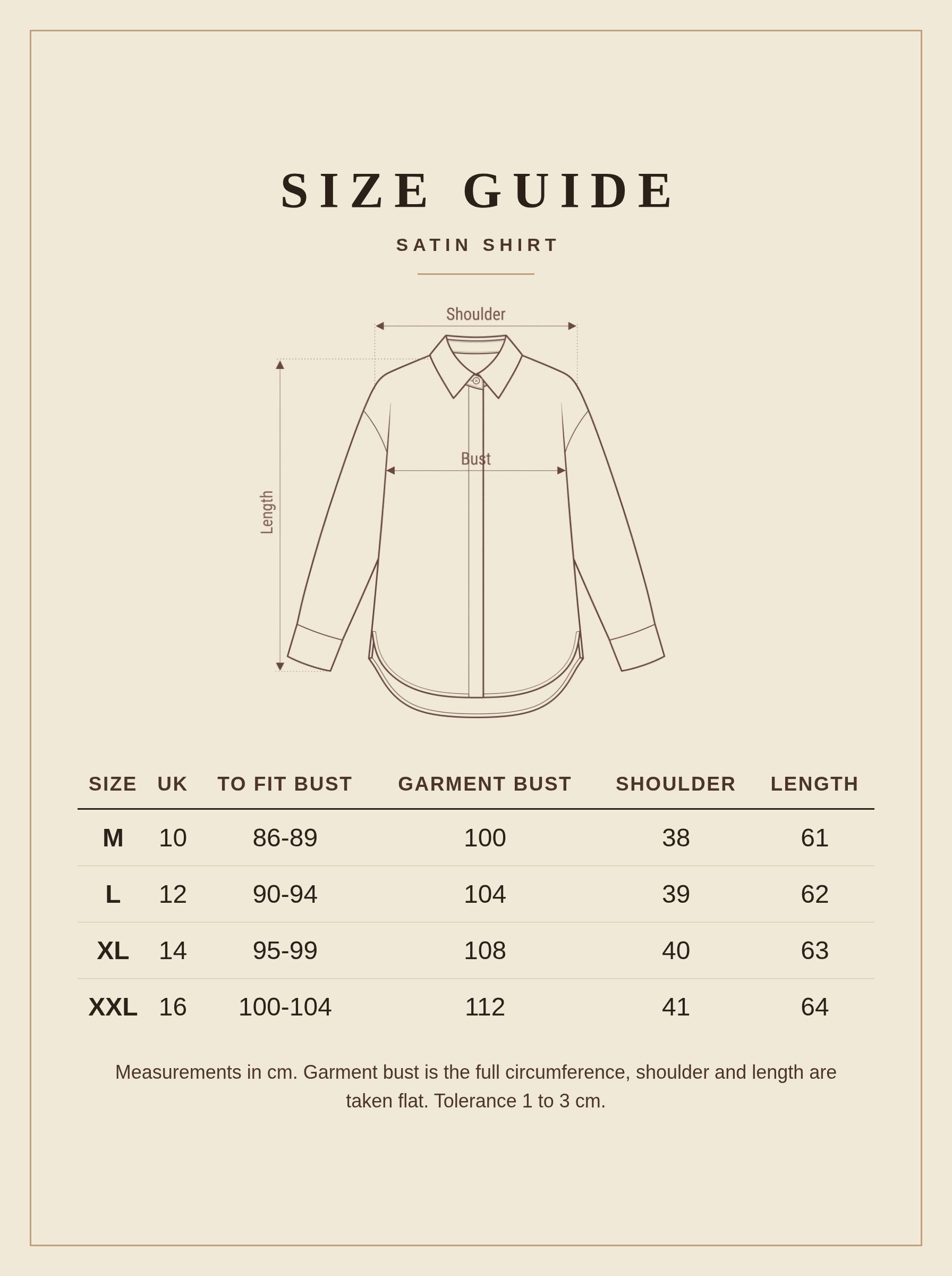 Satin shirt size guide, UK sizes 10 to 16 with measurements in centimetres