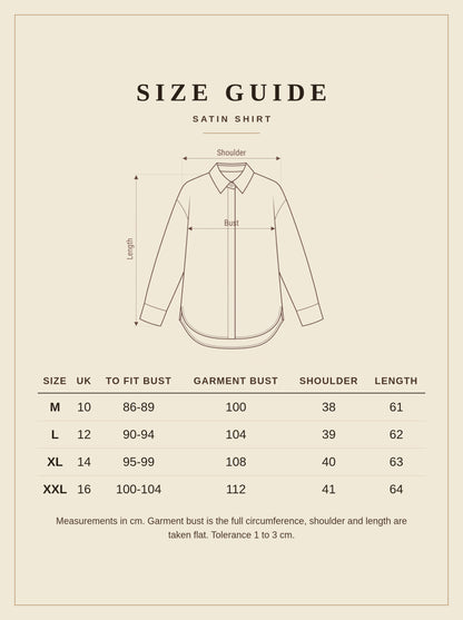 Satin shirt size guide, UK sizes 10 to 16 with measurements in centimetres