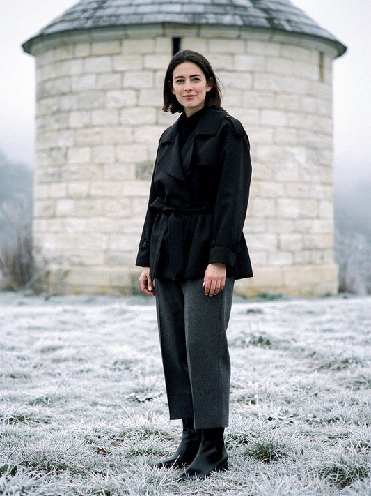 Womens short trench coat in black, cropped and belted, worn fastened on a frosty morning
