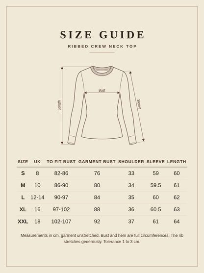 Size guide for the Kencot silk blend ribbed crew neck top, UK 8 to 18