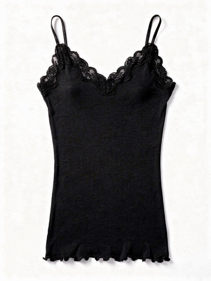 Jet black silk cami in a fine ribbed knit with lace trim, shown flat on white