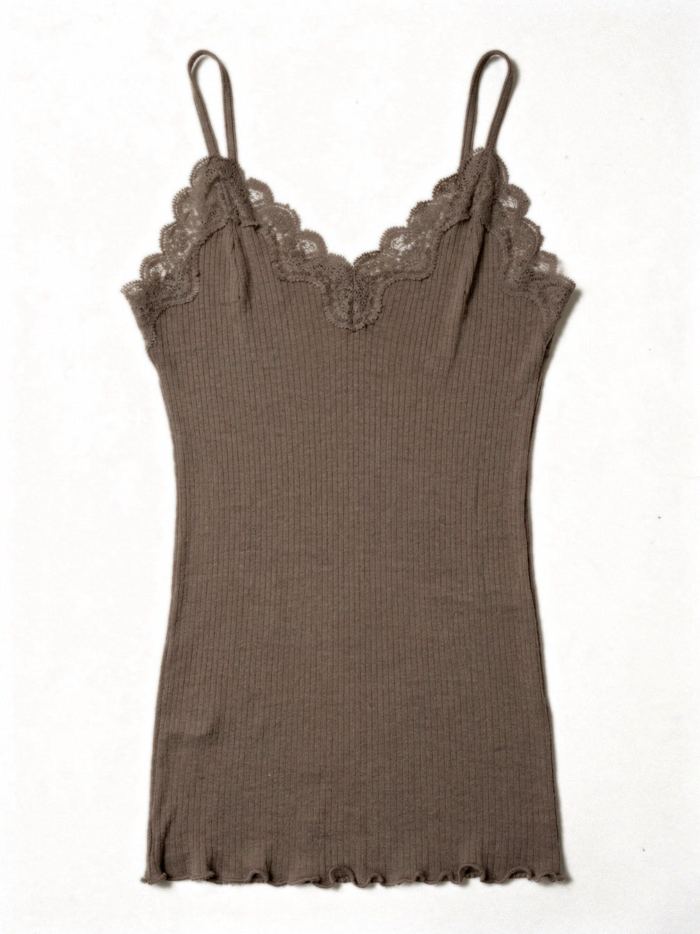 Mocha silk cami in a fine ribbed knit with lace trim, shown flat on white