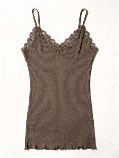 Mocha silk cami in a fine ribbed knit with lace trim, shown flat on white