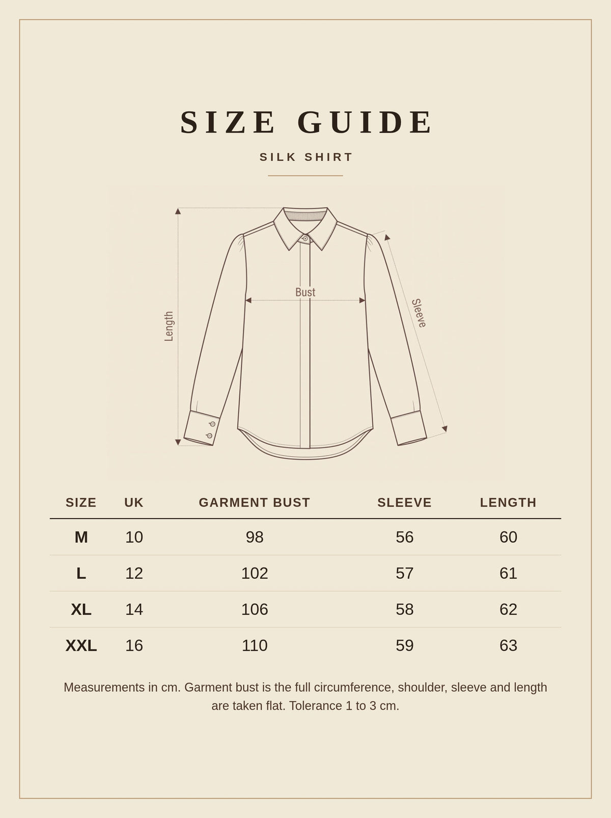 Size guide for the Saintbury silk shirt with length, bust and sleeve measurements