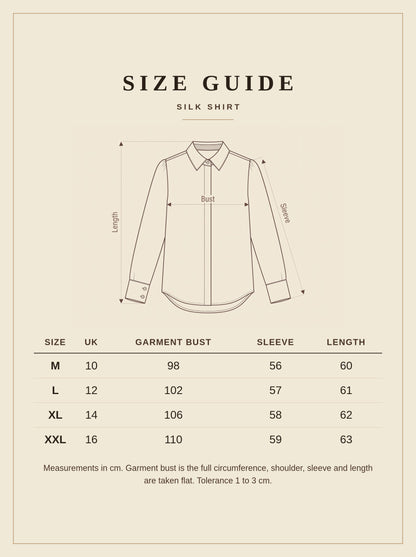 Size guide for the Saintbury silk shirt with length, bust and sleeve measurements