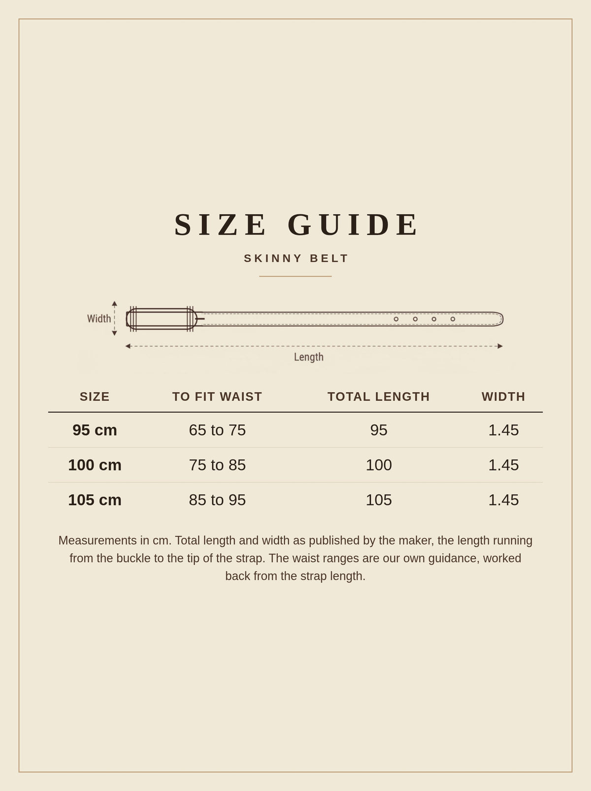 Size guide for the Harlbury skinny belt, showing total length and width