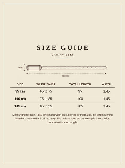 Size guide for the Harlbury skinny belt, showing total length and width