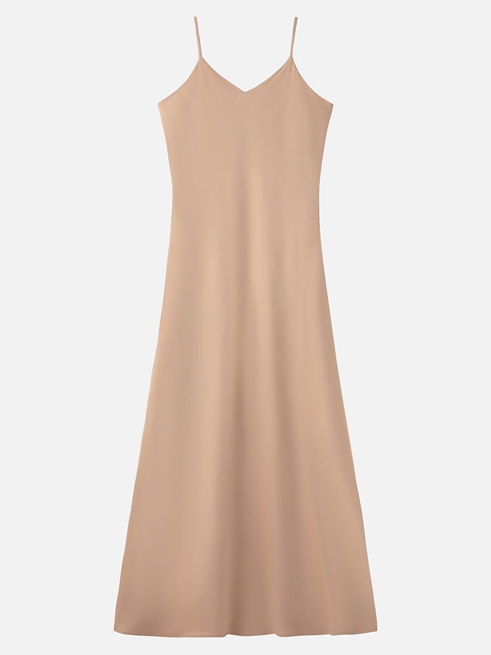 Slip dress in Almond laid flat, strappy V neck A line maxi, full length
