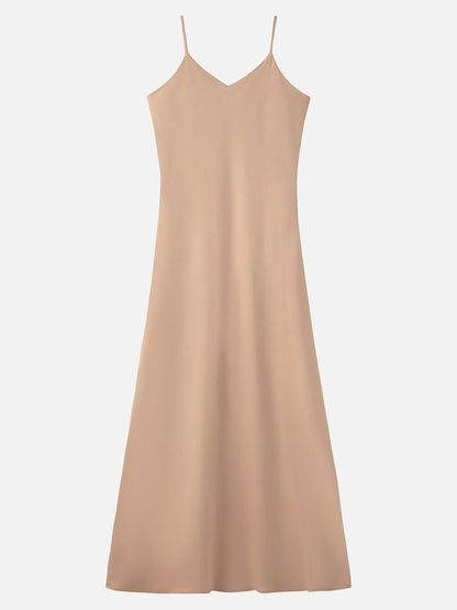 Slip dress in Almond laid flat, strappy V neck A line maxi, full length