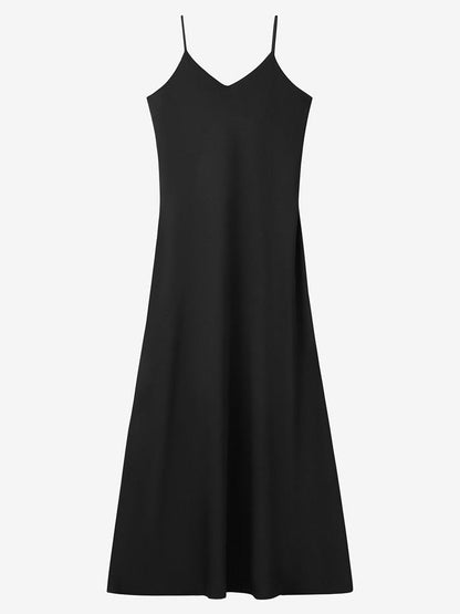 Slip dress in Black laid flat, strappy V neck A line maxi, full length