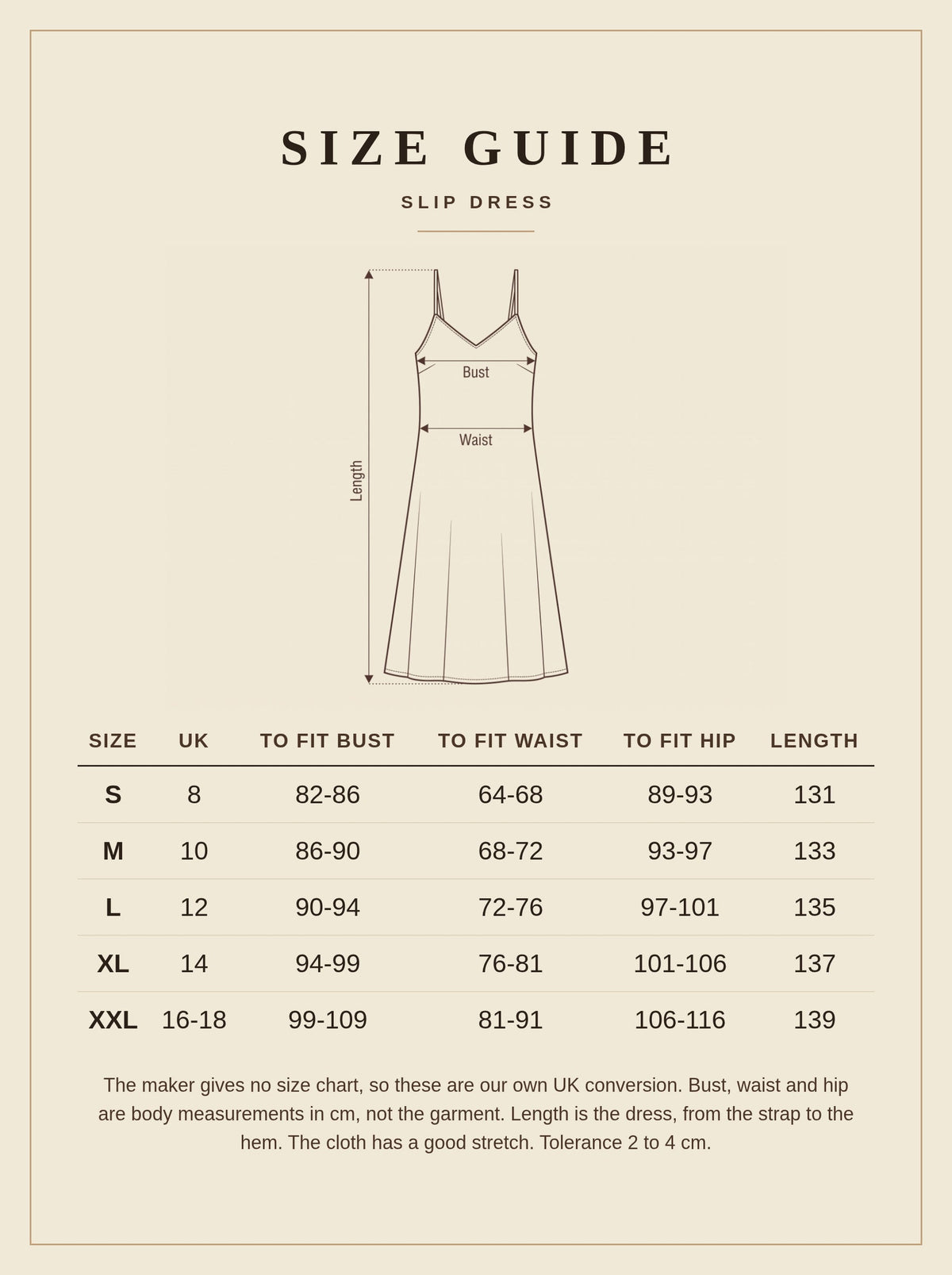 Slip dress size guide, UK 8 to 18, body measurements in centimetres