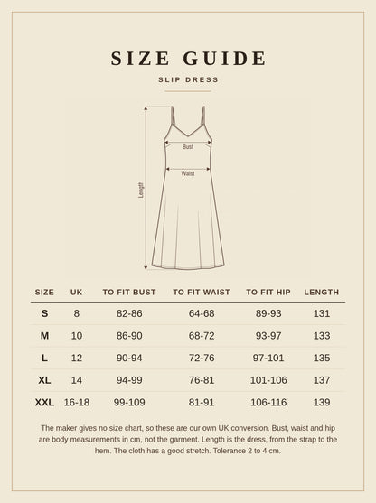 Slip dress size guide, UK 8 to 18, body measurements in centimetres