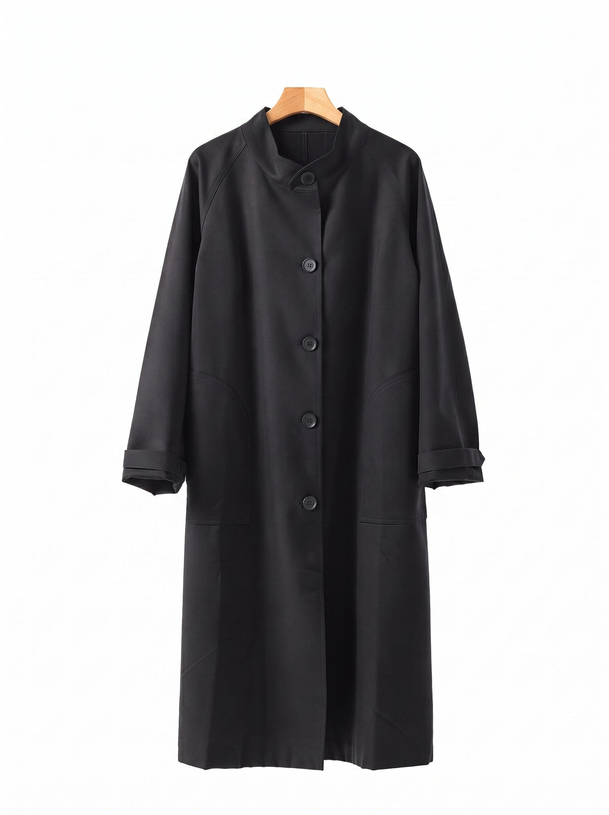 Stand collar coat in Blackthorn black on a hanger, showing the band collar and the five button front