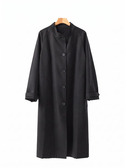 Stand collar coat in Blackthorn black on a hanger, showing the band collar and the five button front
