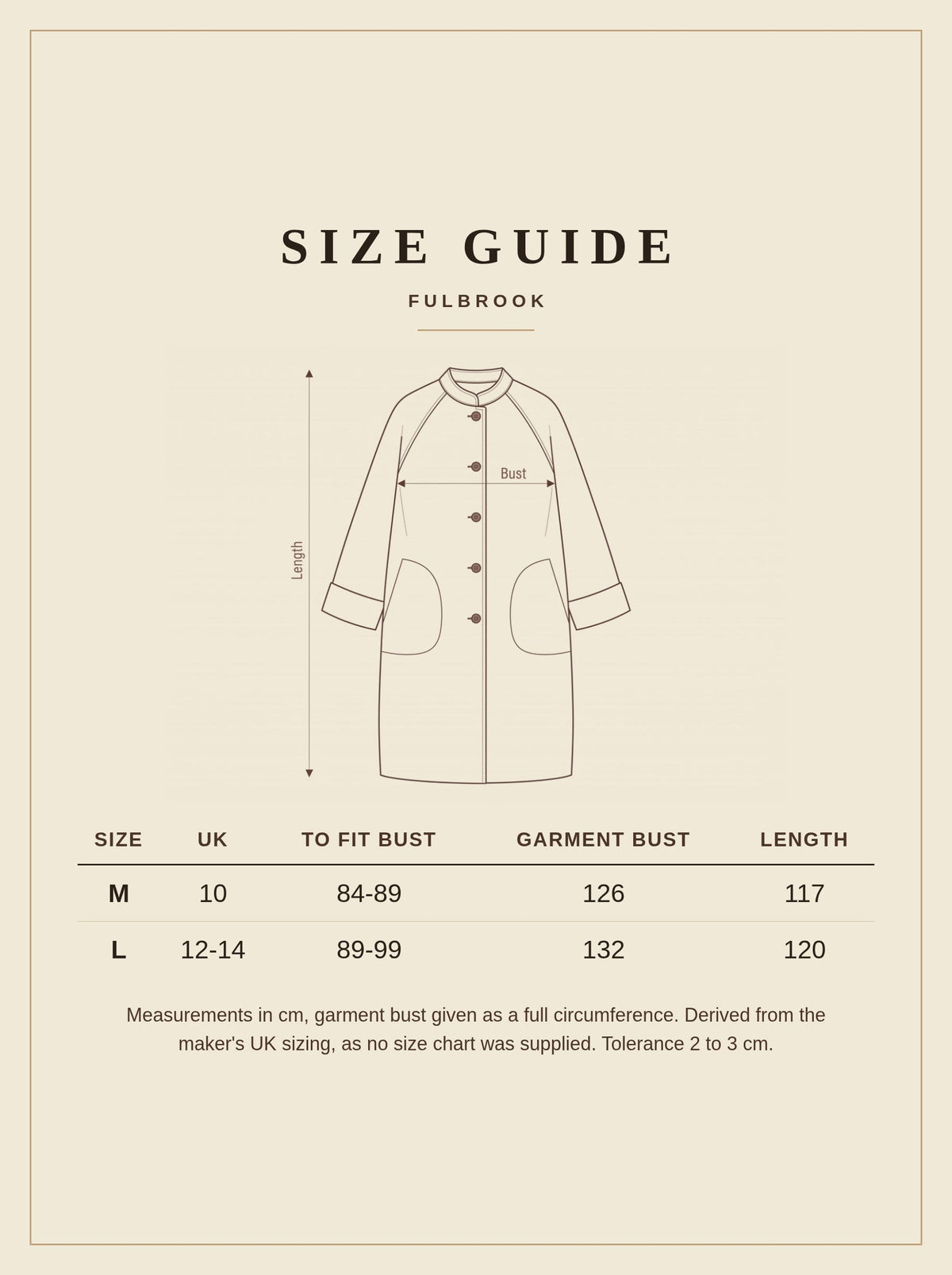 Size guide for the Fulbrook stand collar coat, sizes M and L, UK 10 to 14