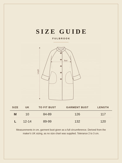Size guide for the Fulbrook stand collar coat, sizes M and L, UK 10 to 14