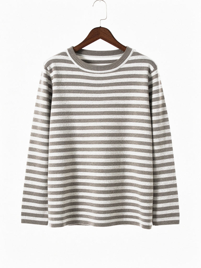 Fossil greige striped jumper in fine breton knit shown on a hanger