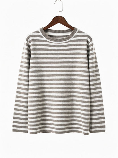 Fossil greige striped jumper in fine breton knit shown on a hanger