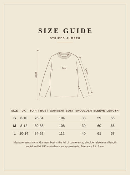 Size guide for the striped jumper, sizes S to L in centimetres
