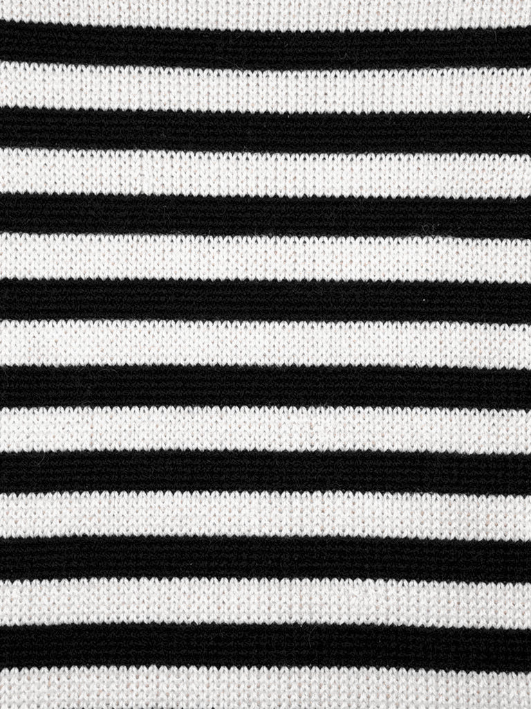 Close up of the fine breton stripe knit of the striped jumper
