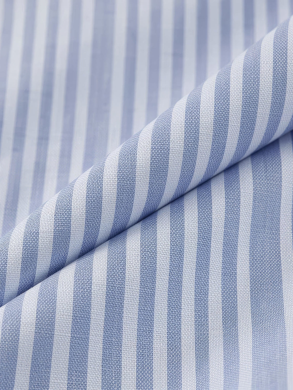 Close up of the blue and white Bengal stripe basketweave shirting