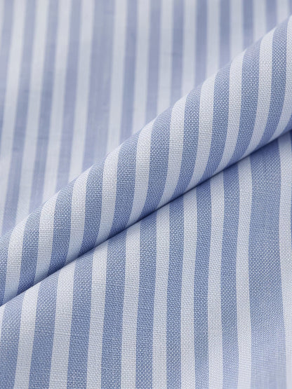 Close up of the blue and white Bengal stripe basketweave shirting