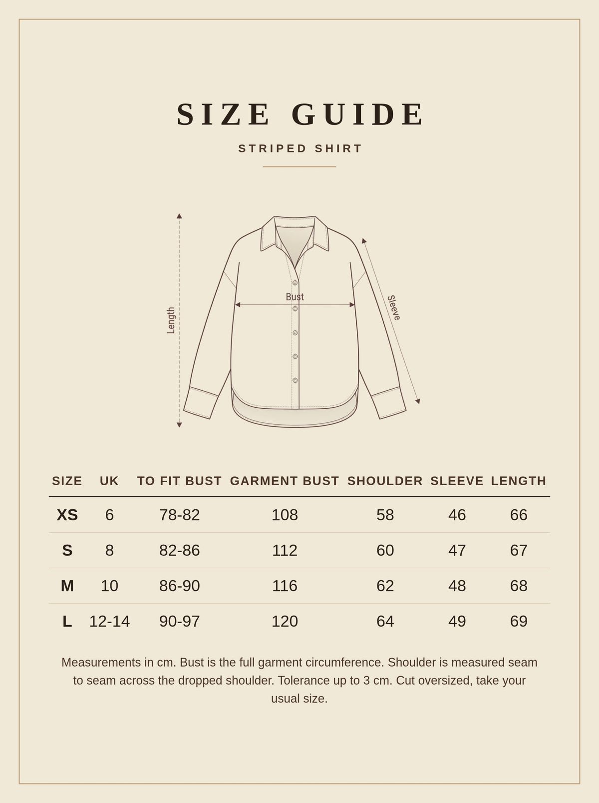 Size guide for the Langford striped shirt, UK 6 to UK 14, measurements in cm