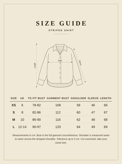 Size guide for the Langford striped shirt, UK 6 to UK 14, measurements in cm