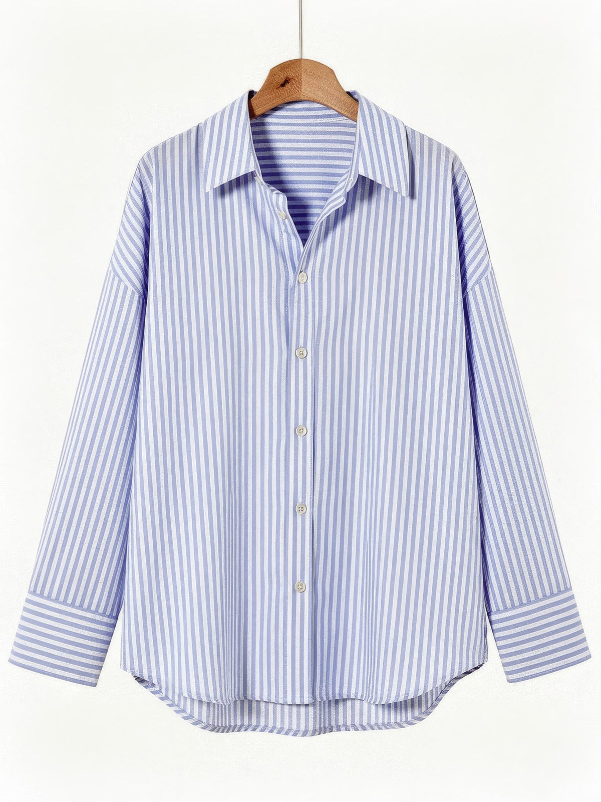 Striped shirt in blue Bengal stripe on a hanger, front view