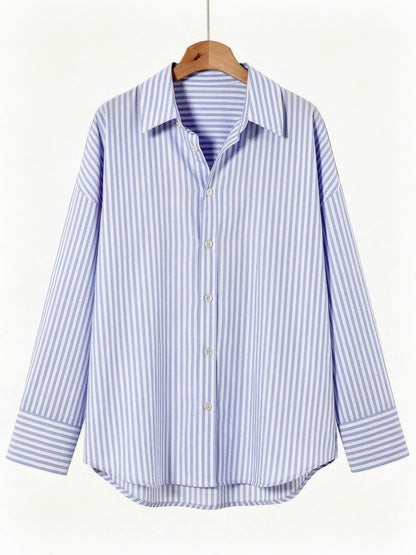 Striped shirt in blue Bengal stripe on a hanger, front view