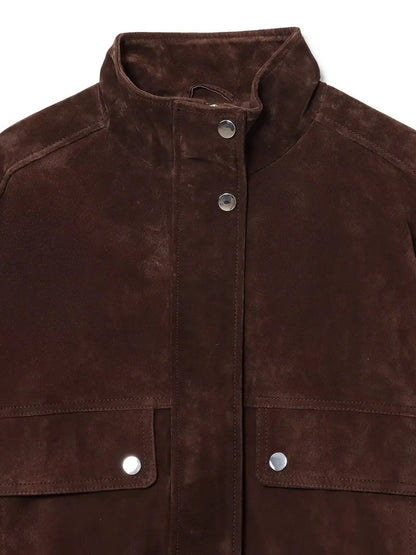 Press-stud placket and patch pocket flaps of the suedette bomber jacket