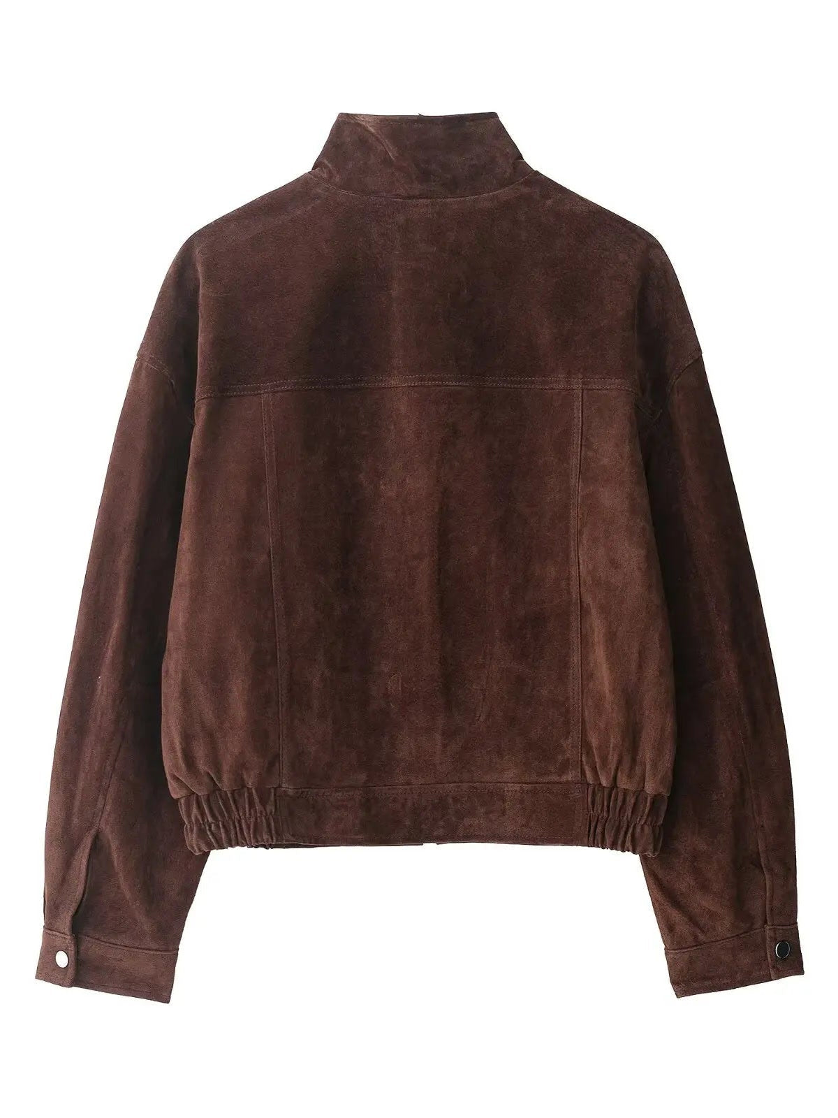 Back view of the coffee bean suedette bomber jacket with elasticated hem