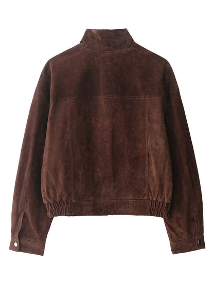 Back view of the coffee bean suedette bomber jacket with elasticated hem