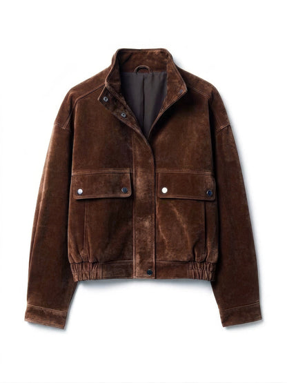 Coffee bean brown suedette bomber jacket with press-stud placket, front view