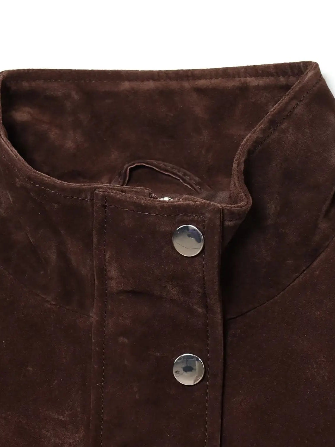 Stand collar and concealed zip detail of the suedette bomber jacket