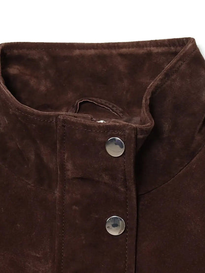 Stand collar and concealed zip detail of the suedette bomber jacket