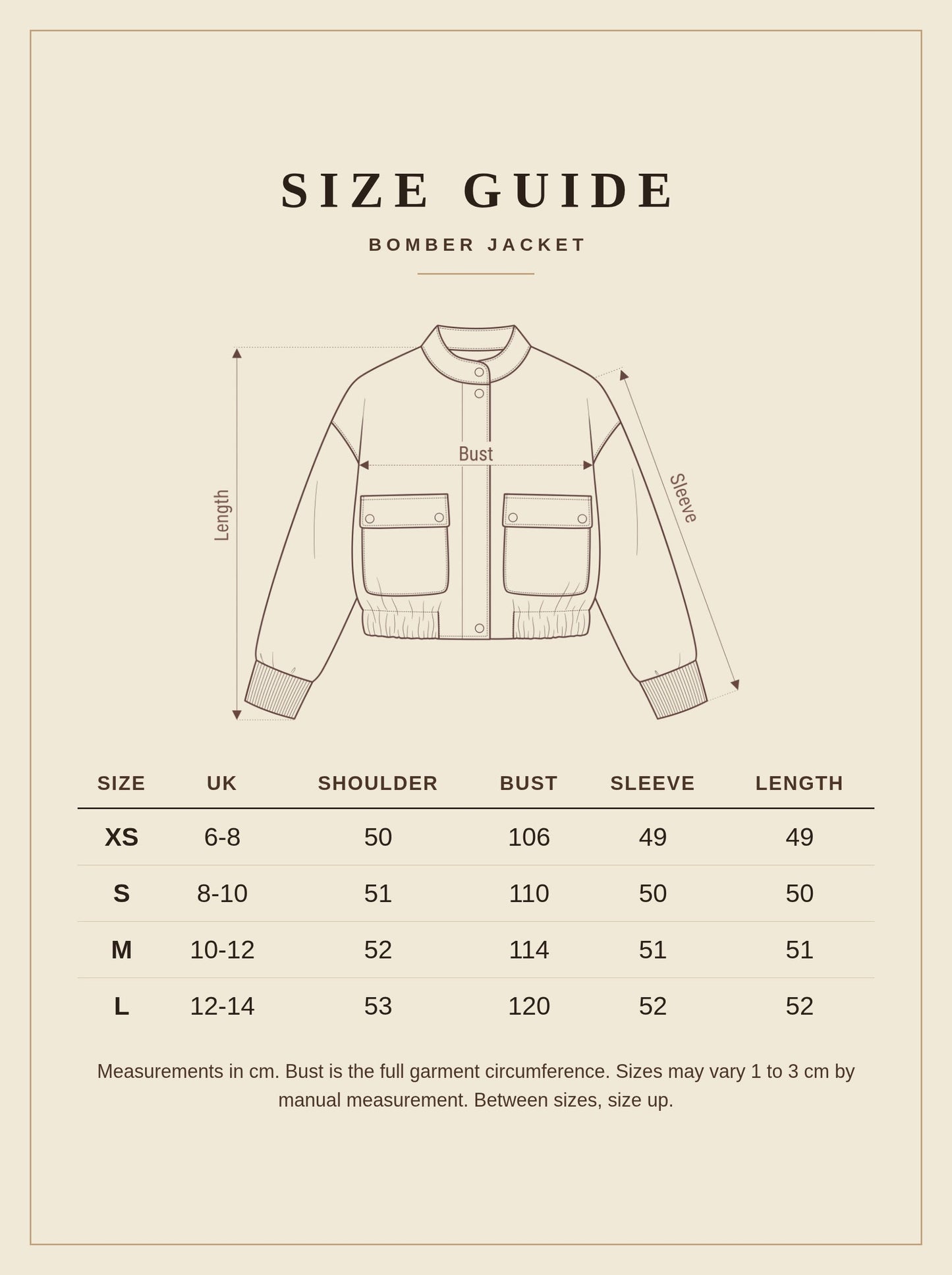Size guide for the Dunster bomber jacket, UK sizes 6 to 14