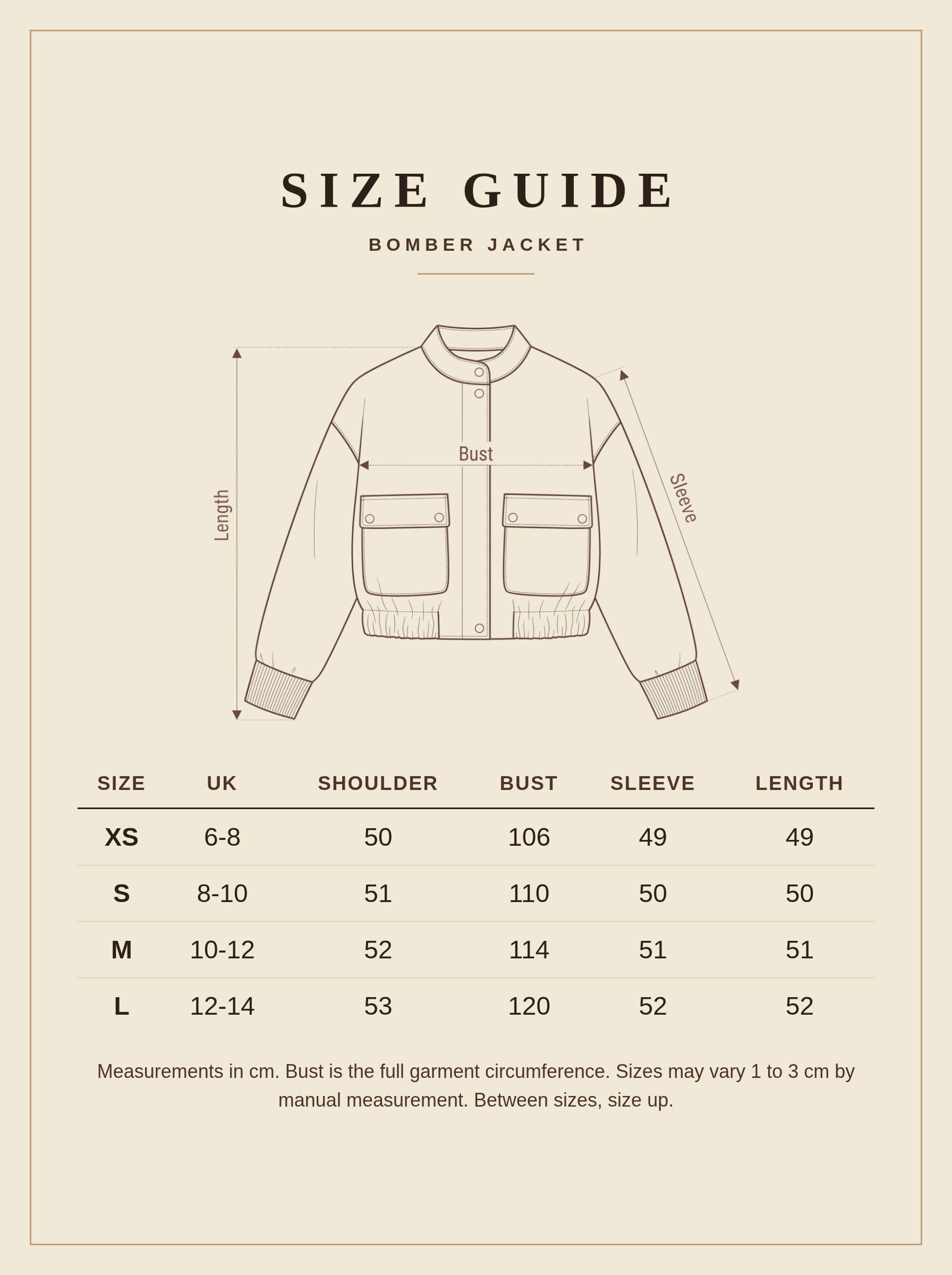 Size guide for the Dunster bomber jacket, UK sizes 6 to 14