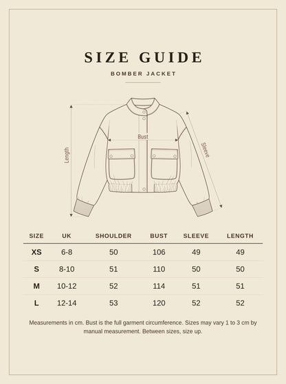 Size guide for the Dunster bomber jacket, UK sizes 6 to 14