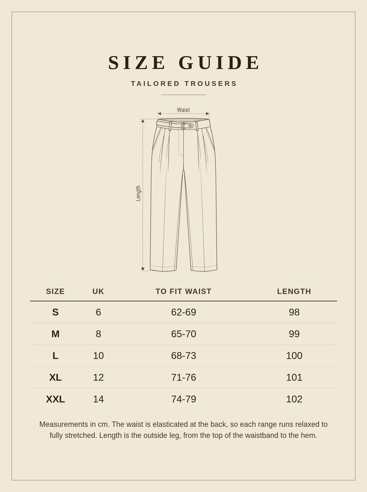 Size guide for the tailored trousers, UK 6 to 14, waist and length measurements in cm
