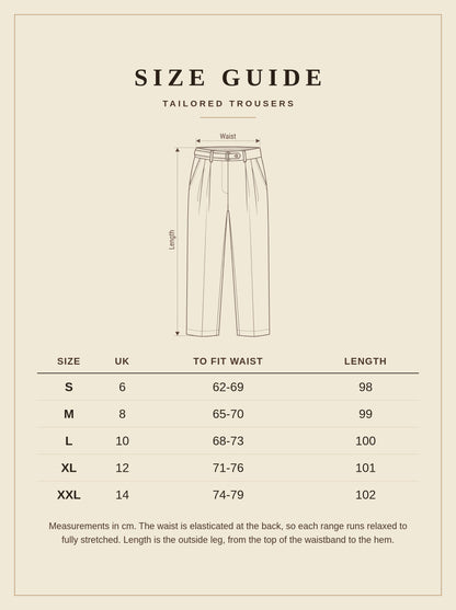 Size guide for the tailored trousers, UK 6 to 14, waist and length measurements in cm