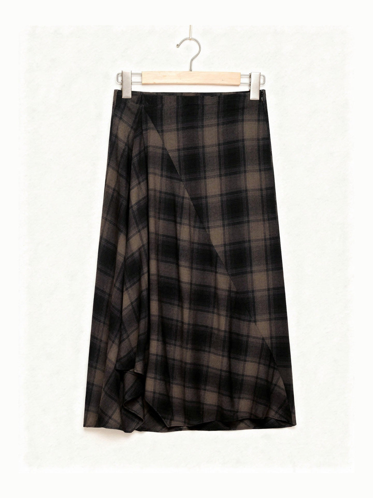 Tartan midi skirt in bark check, front view on a hanger, flat waistband and smooth A-line panels
