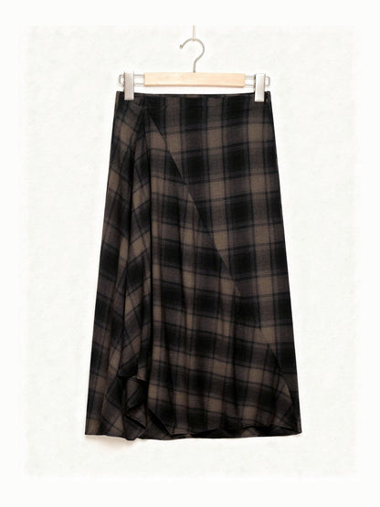 Tartan midi skirt in bark check, front view on a hanger, flat waistband and smooth A-line panels